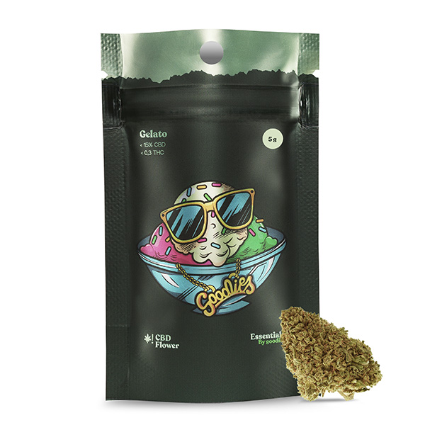 Envase de 5 gramos de Cbd Goodies Gelato, producto de CBD para uso terapéutico