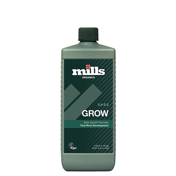 Envase de fertilizante Mills Orga Grow para cultivo saludable