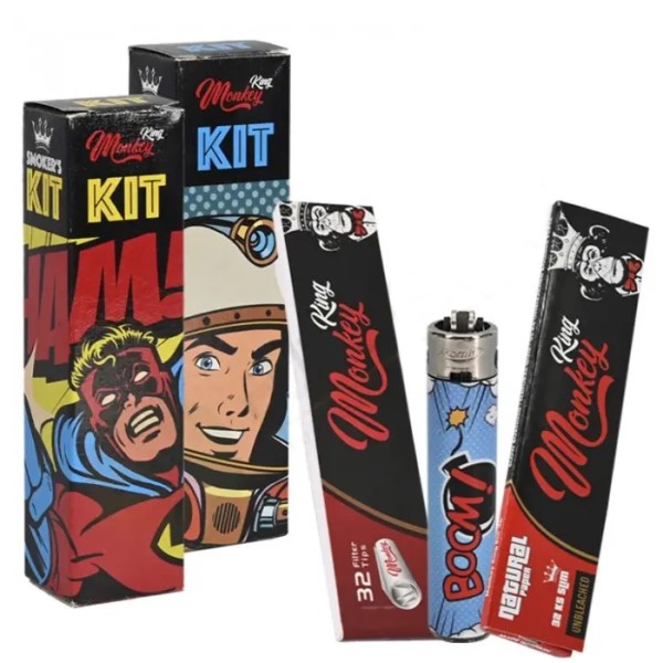 Paquete de papel para liar Monkey King King Size Slim con tips y Atomic Unbleached
