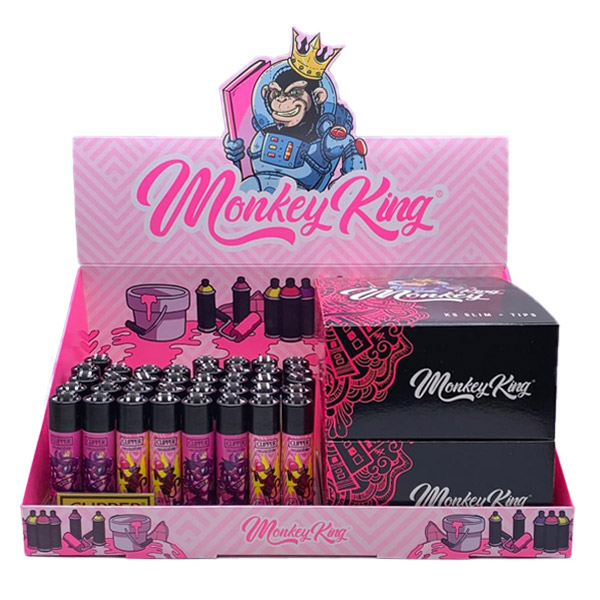 Paquete de papel de fumar Monkey King King Size Slim con tips y clipper rosa