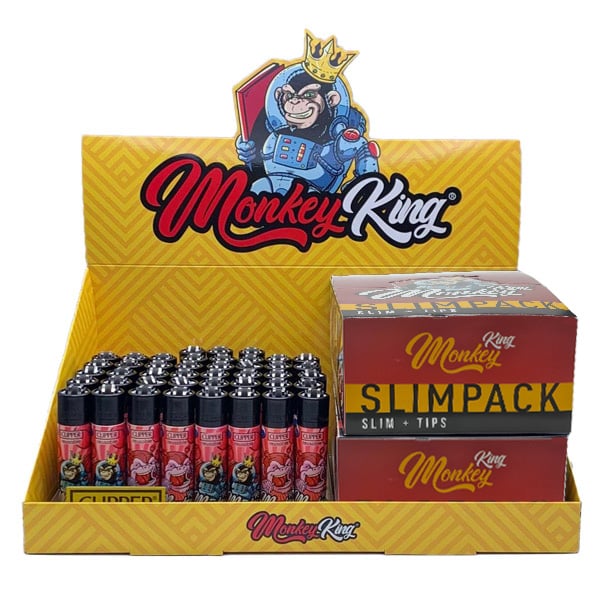 Paquete de papel para liar Monkey King Pack King Size Slim con tips y clipper rojo