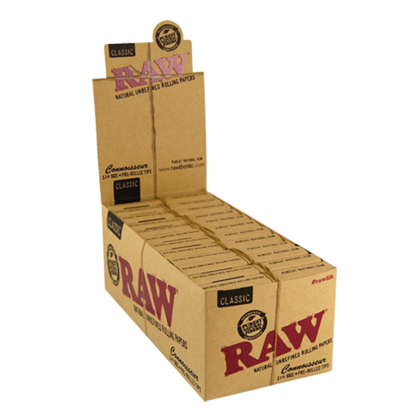Papel RAW Classic 1.1/4 con Tips Connoisseur 24 librillos para enrollar