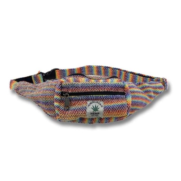 Riñonera artesanal de cáñamo con diseño arcoíris, textil ecológico