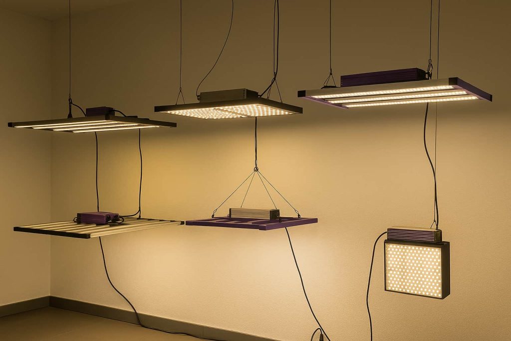 Iluminación LED para cultivo interior en armario con panel LED y barras LED instaladas