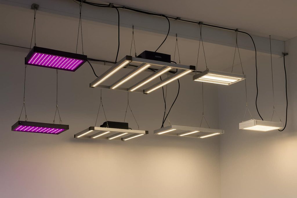 Focos de iluminación LED para cultivo interior expuestos en growshop con paneles y barras LED encendidos