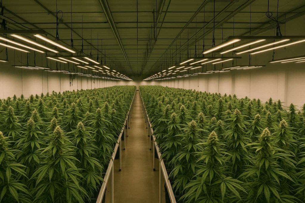 Cultivo interior profesional con iluminación LED de alta potencia y plantas de cannabis en floración