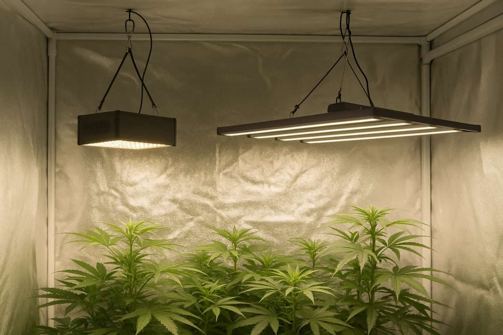 Iluminación LED para cultivo interior en armario con panel LED y barras LED instaladas