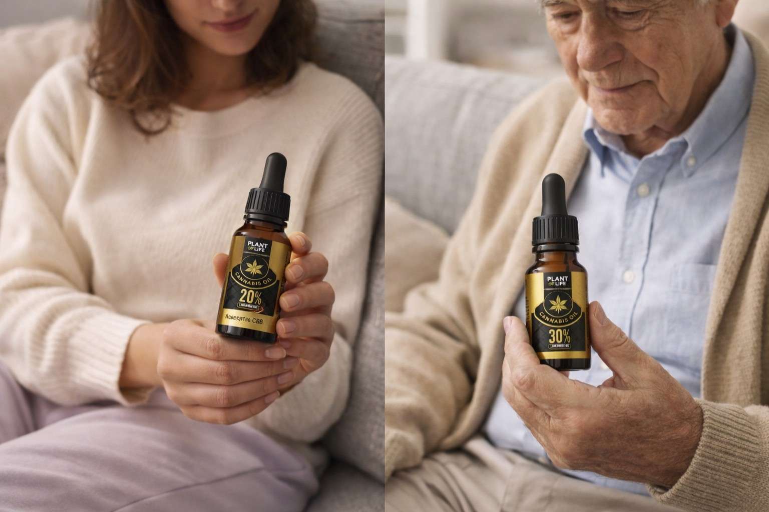 Persona mayor sosteniendo un frasco de aceite de CBD con gotero y dosificación precisa