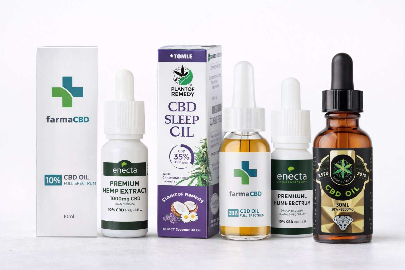 Selección de aceites de CBD de distintas marcas y concentraciones, formatos full spectrum y broad spectrum