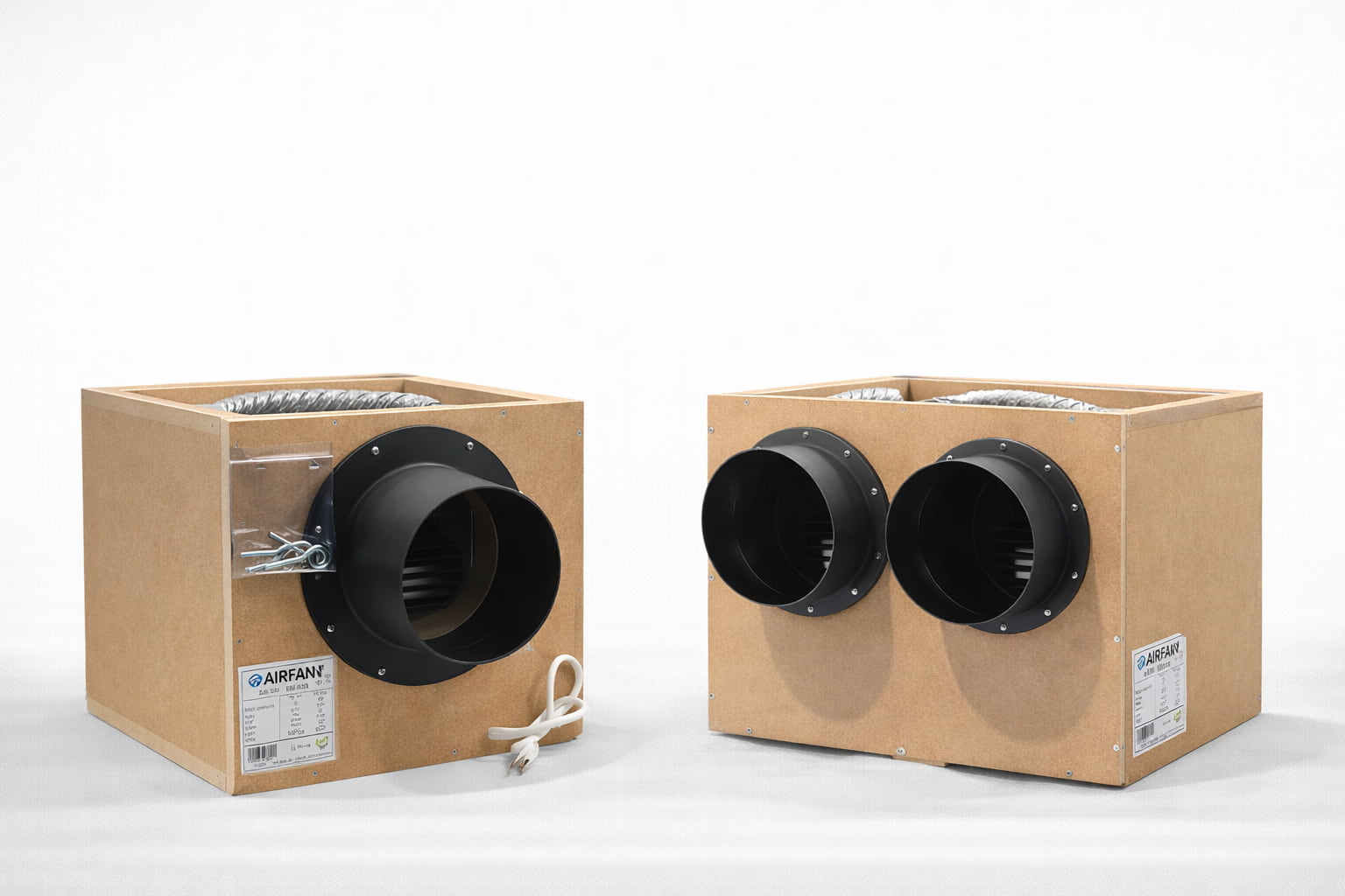 Cajas de ventilación AIRFAN con configuraciones Single Intake, Dual Intake e Intake–Exhaust para sistemas de ventilación profesional en cultivo interior