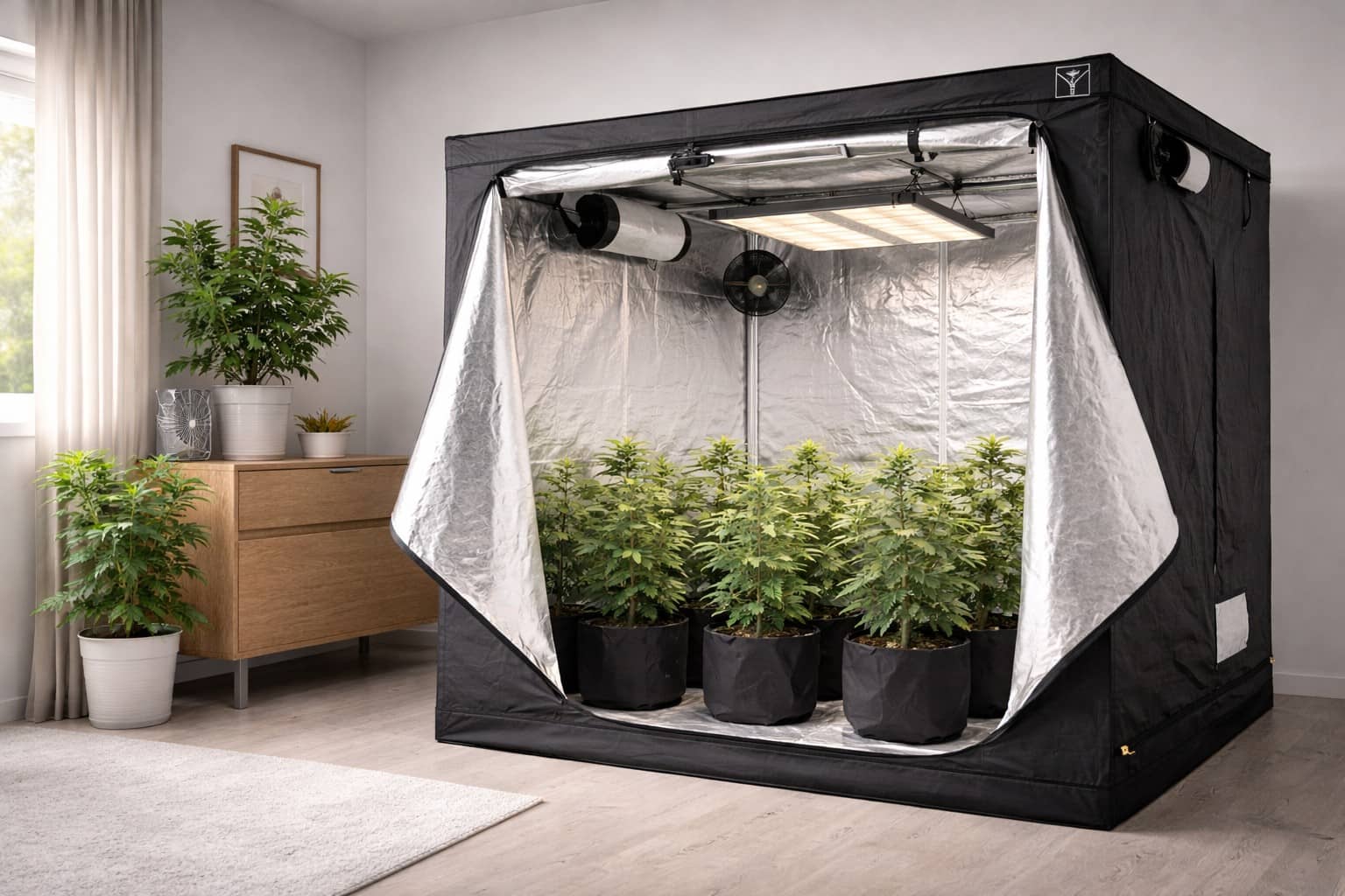 Armario de cultivo indoor con plantas de marihuana instalado en una habitación doméstica
