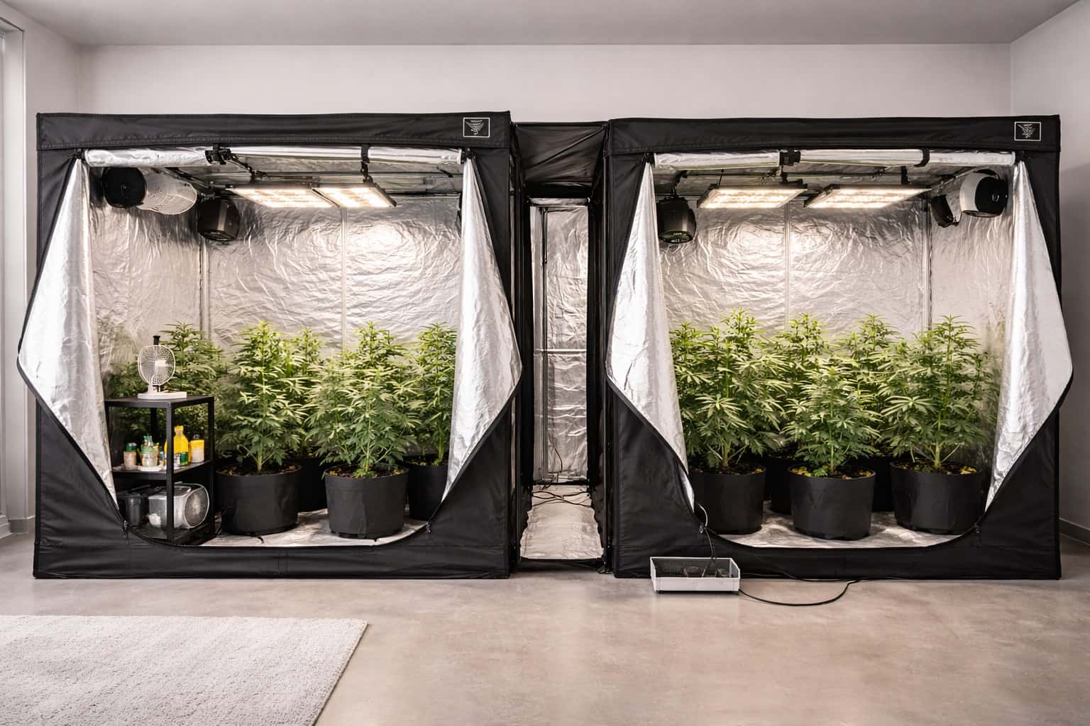 Dos armarios de cultivo indoor funcionando simultáneamente con plantas de marihuana en interior