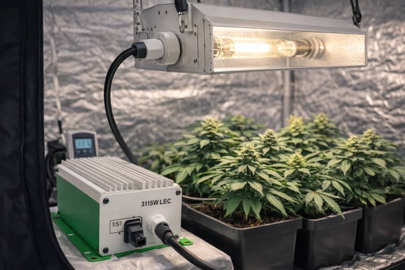 Balastro LEC 315W alimentando lámpara CMH en cultivo indoor doméstico