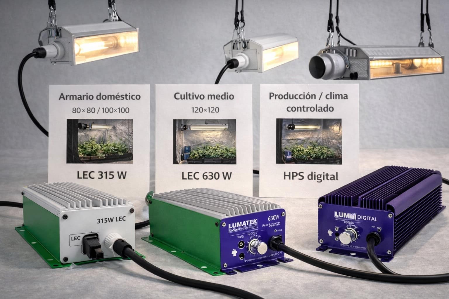 Balastros LEC y HPS recomendados según tamaño de armario de cultivo indoor