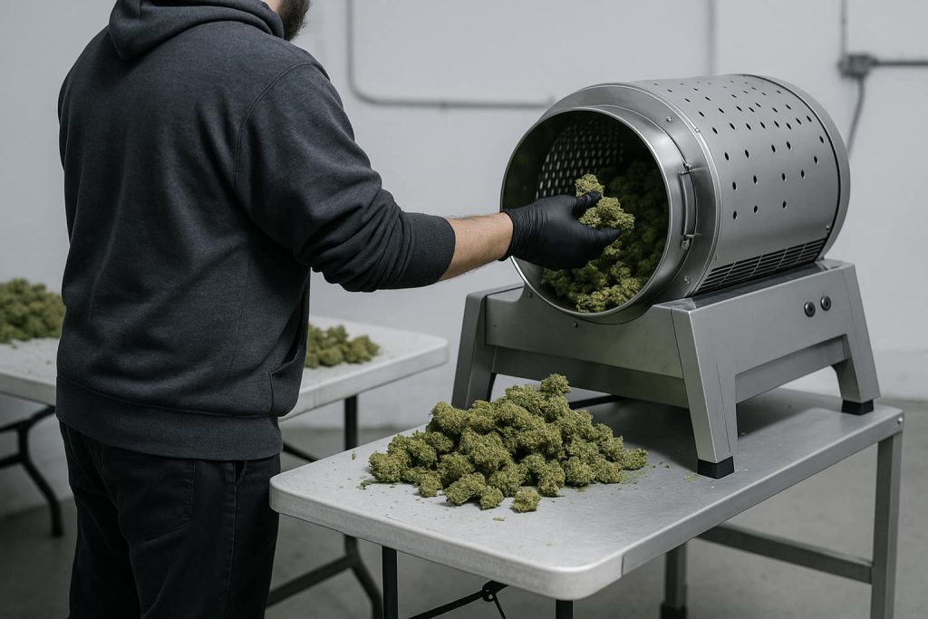 Carga manual de cogollos en una peladora industrial profesional