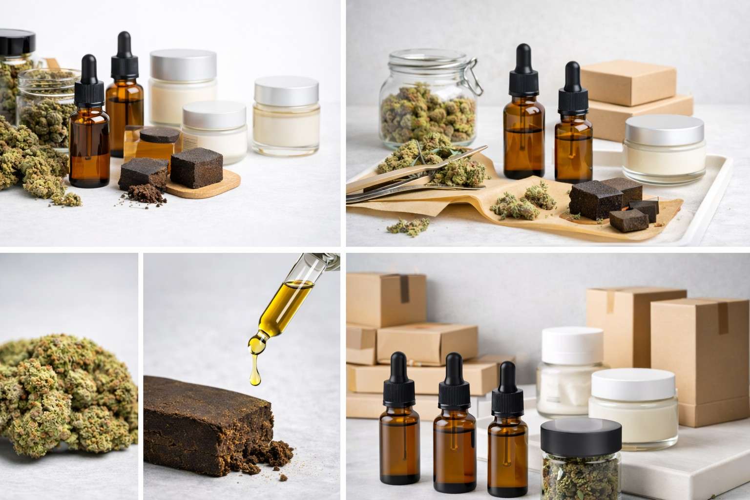 Presentación premium de productos CBD con flores seleccionadas, hash artesanal y aceites de cannabidiol