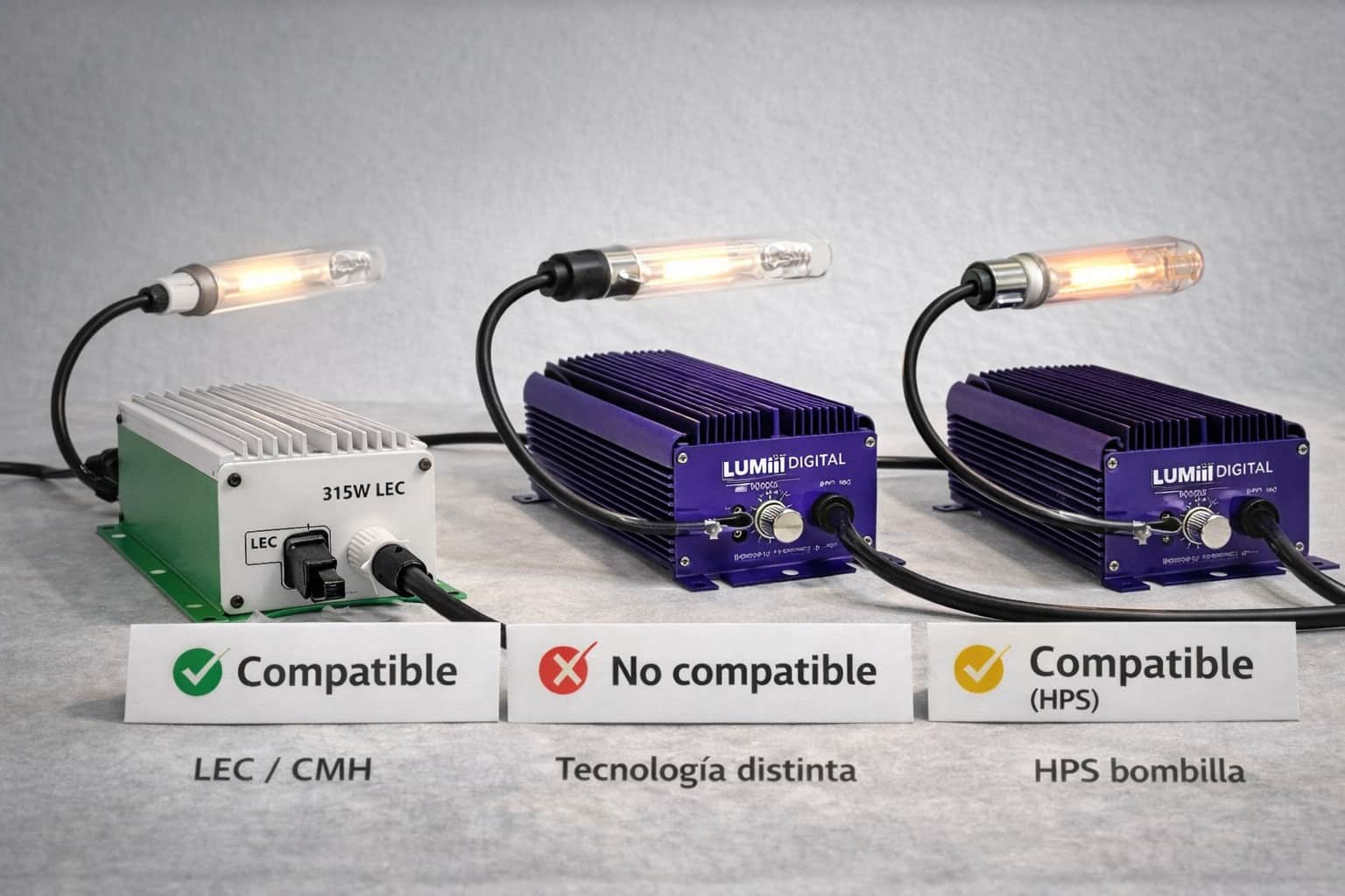 Compatibilidad correcta e incorrecta entre balastro LEC y balastro HPS con bombillas