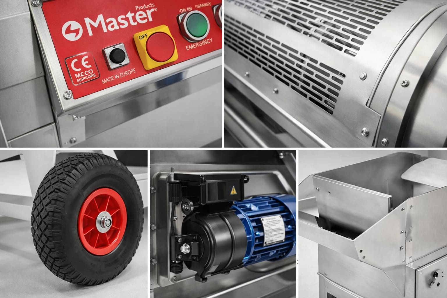 Detalle técnico del Master Trimmer MT Tumbler con panel de control, motor y chasis inoxidable