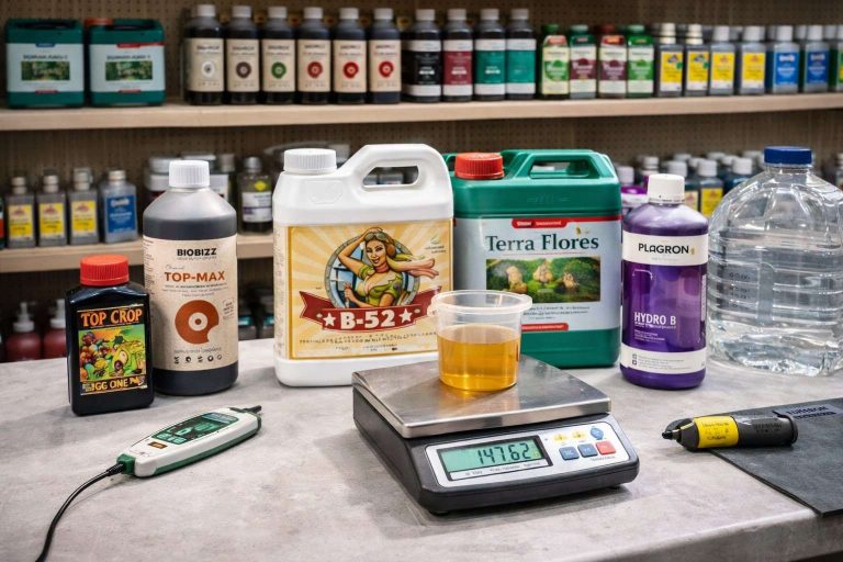 Fertilizantes para crecimiento y floración de marihuana de marcas como Canna, BioBizz, Plagron y Top Crop