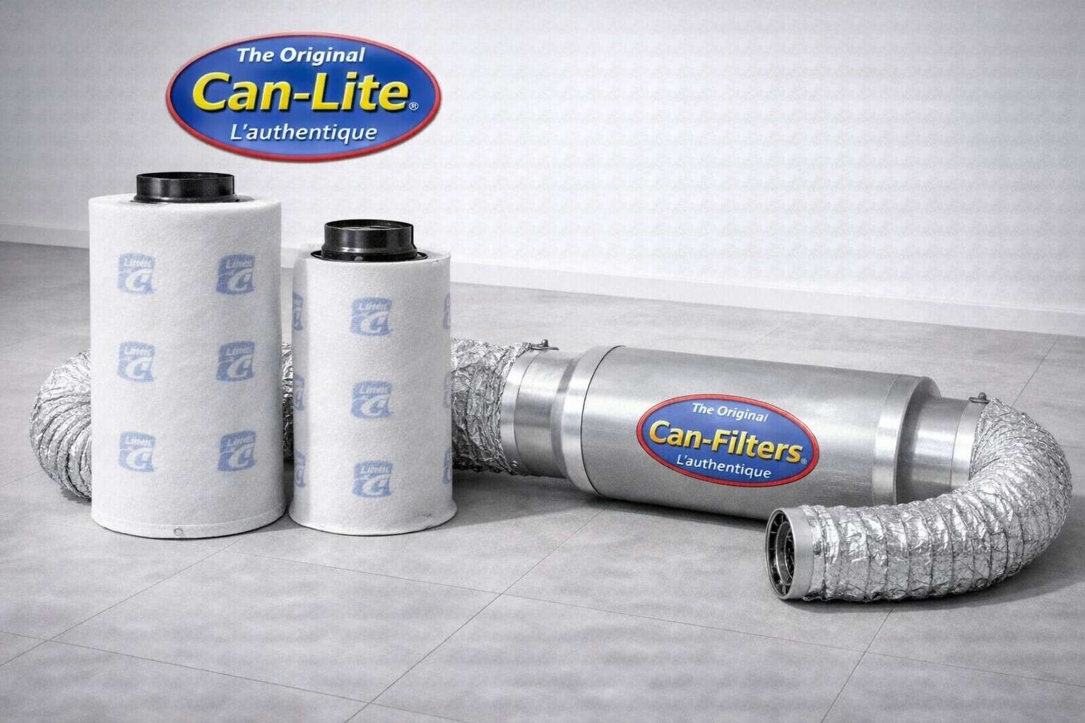 Filtros de carbón activo Can-Lite y Can-Filters conectados a sistema de extracción de aire para cultivo indoor
