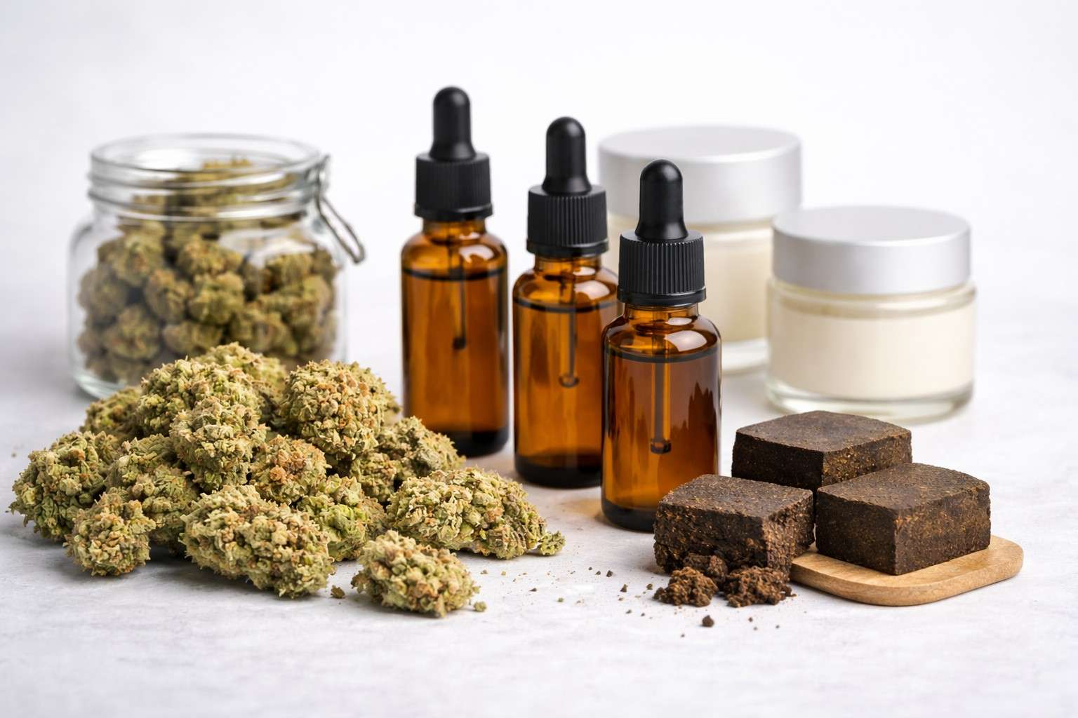 Comparativa visual de flores de CBD, hash CBD y aceite de CBD en distintos formatos y concentraciones