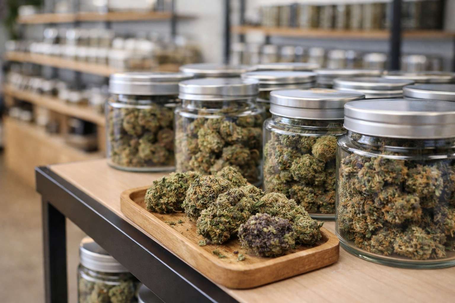 Botes de cristal con flores de CBD en stock real conservadas en condiciones óptimas