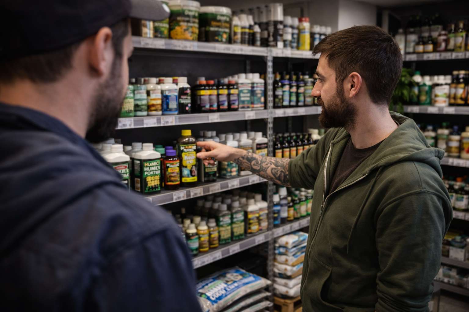 Interior de grow shop en A Coruña con fertilizantes, sustratos e iluminación para cultivo