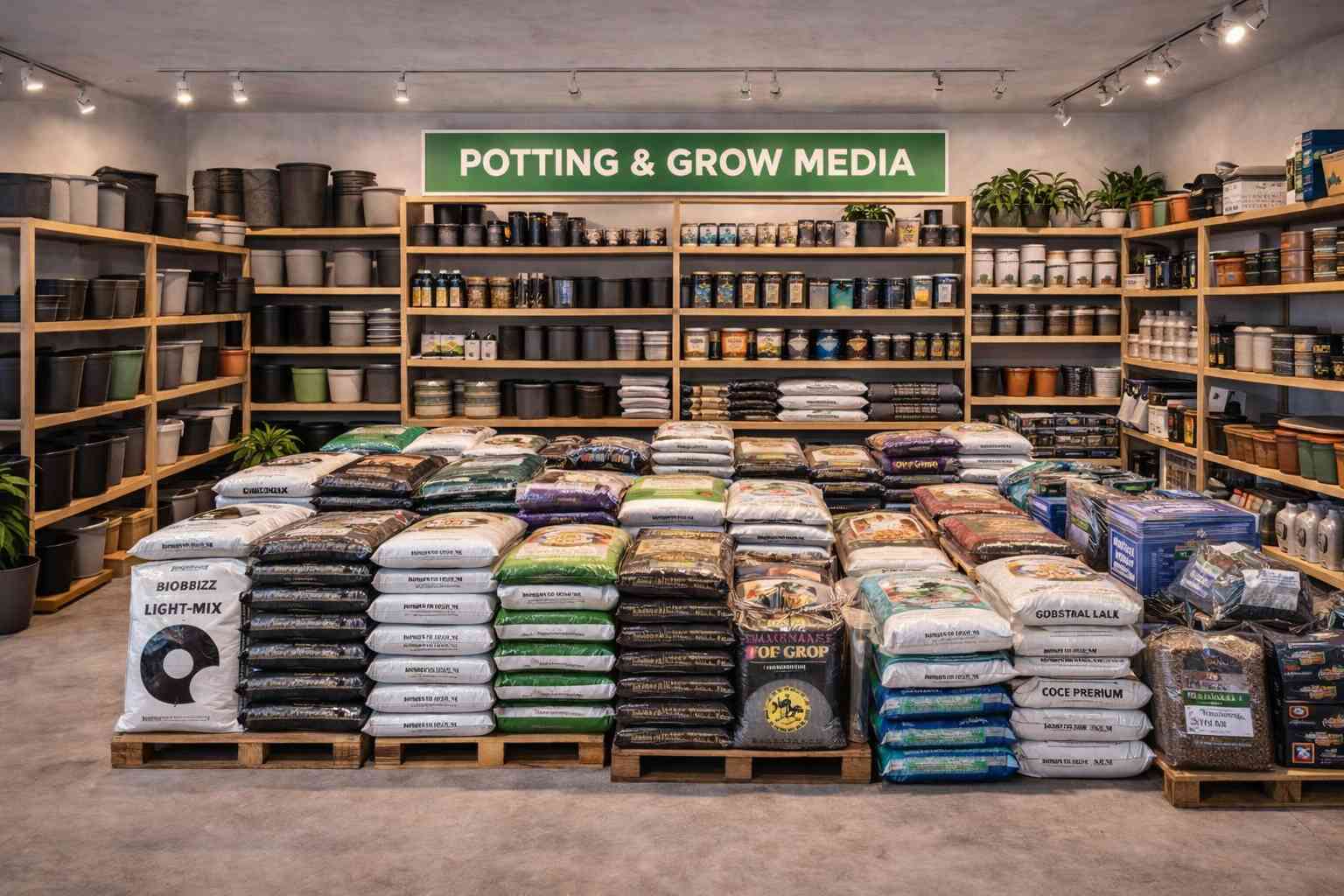Interior de grow shop en Alcalá de Henares con sustratos, macetas y productos de cultivo indoor