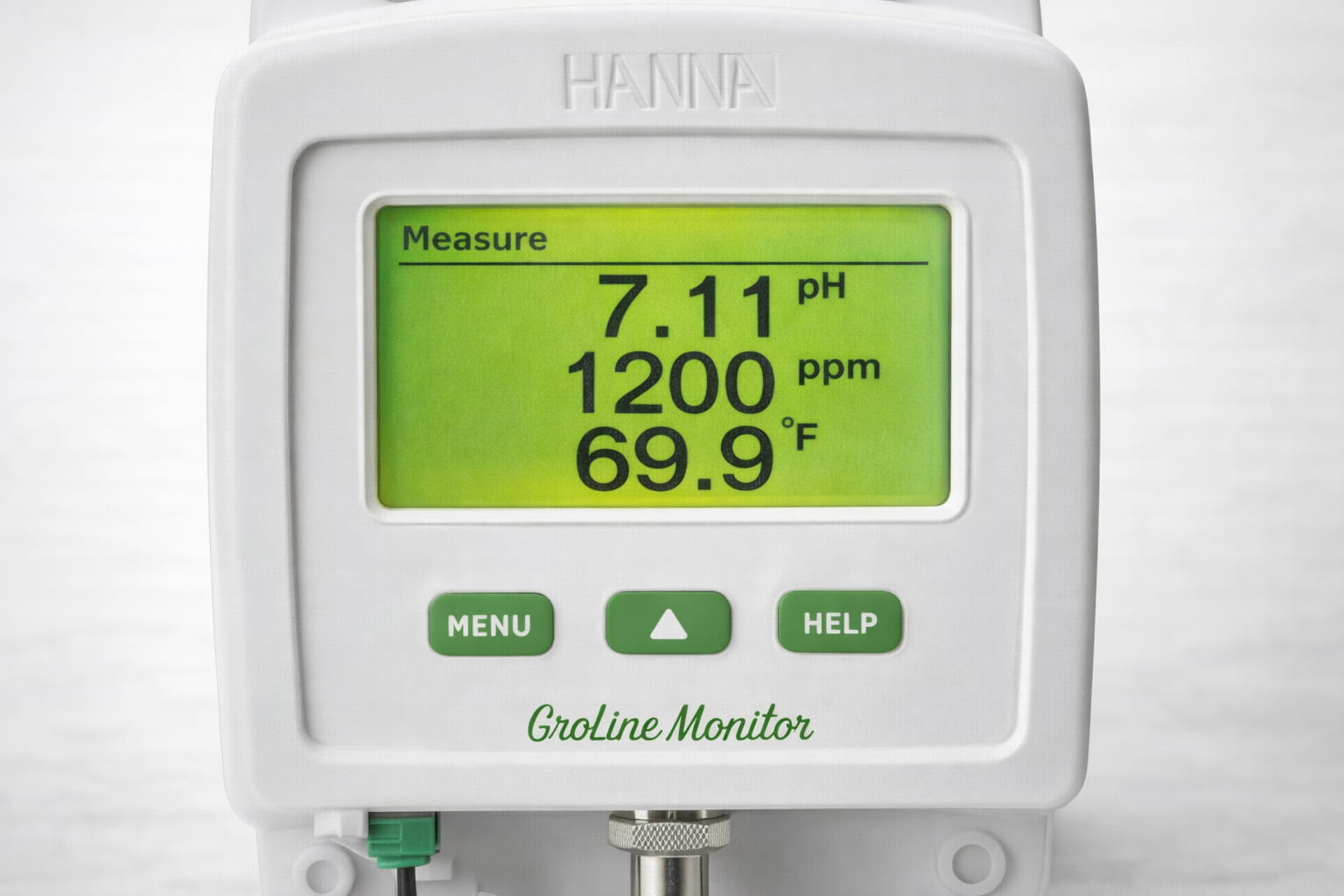 Monitor Hanna Instruments GroLine mostrando valores de pH EC TDS y temperatura