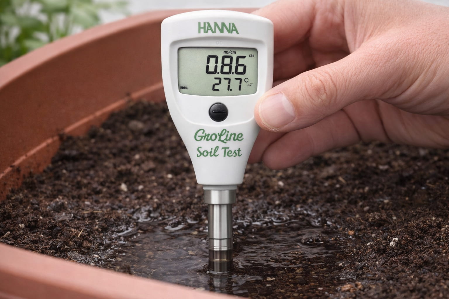 Medidor Hanna Instruments GroLine Soil Test midiendo EC en sustrato
