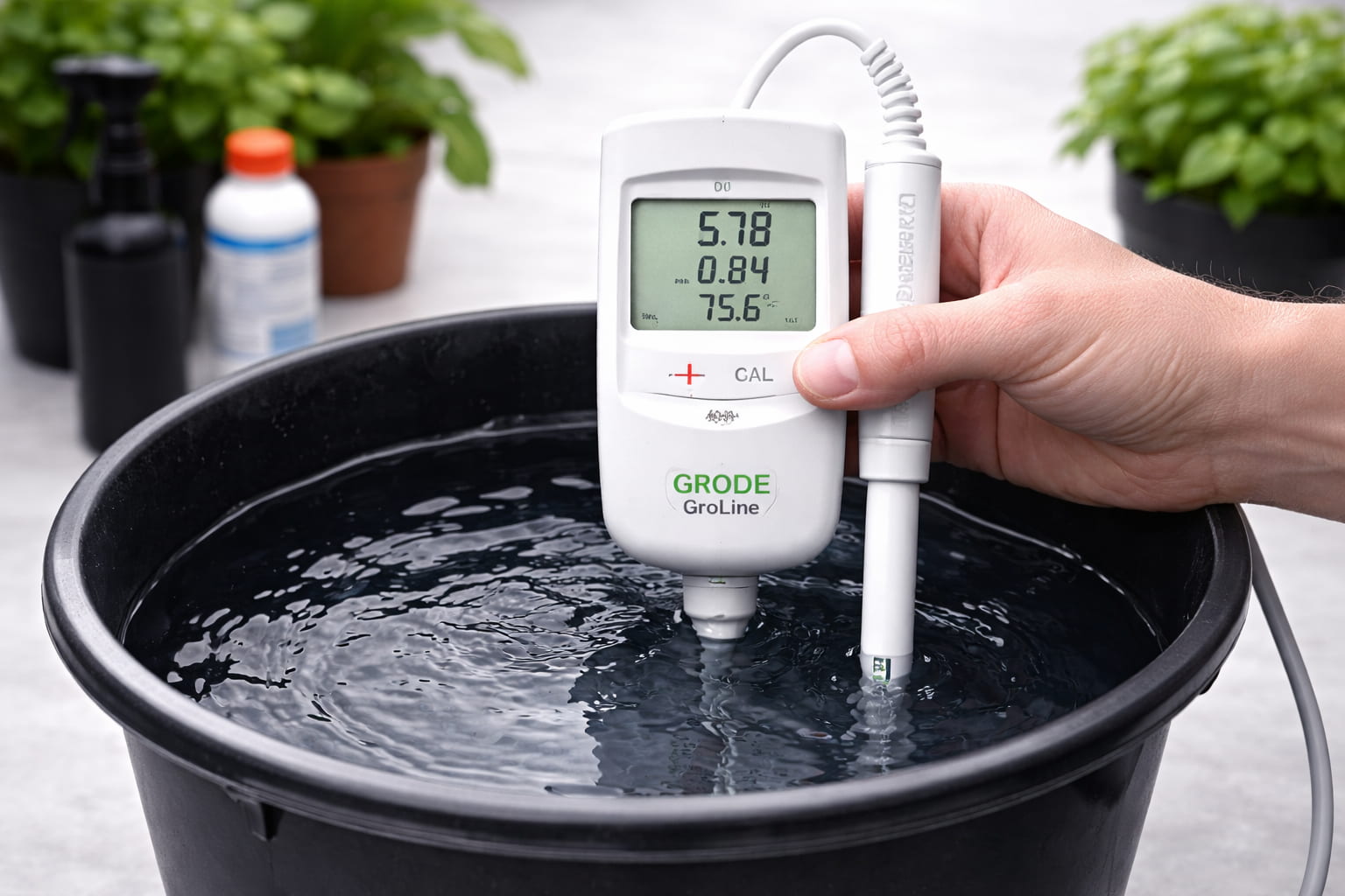 Medidor pH y EC Hanna Instruments GroLine midiendo solución nutritiva en cultivo indoor