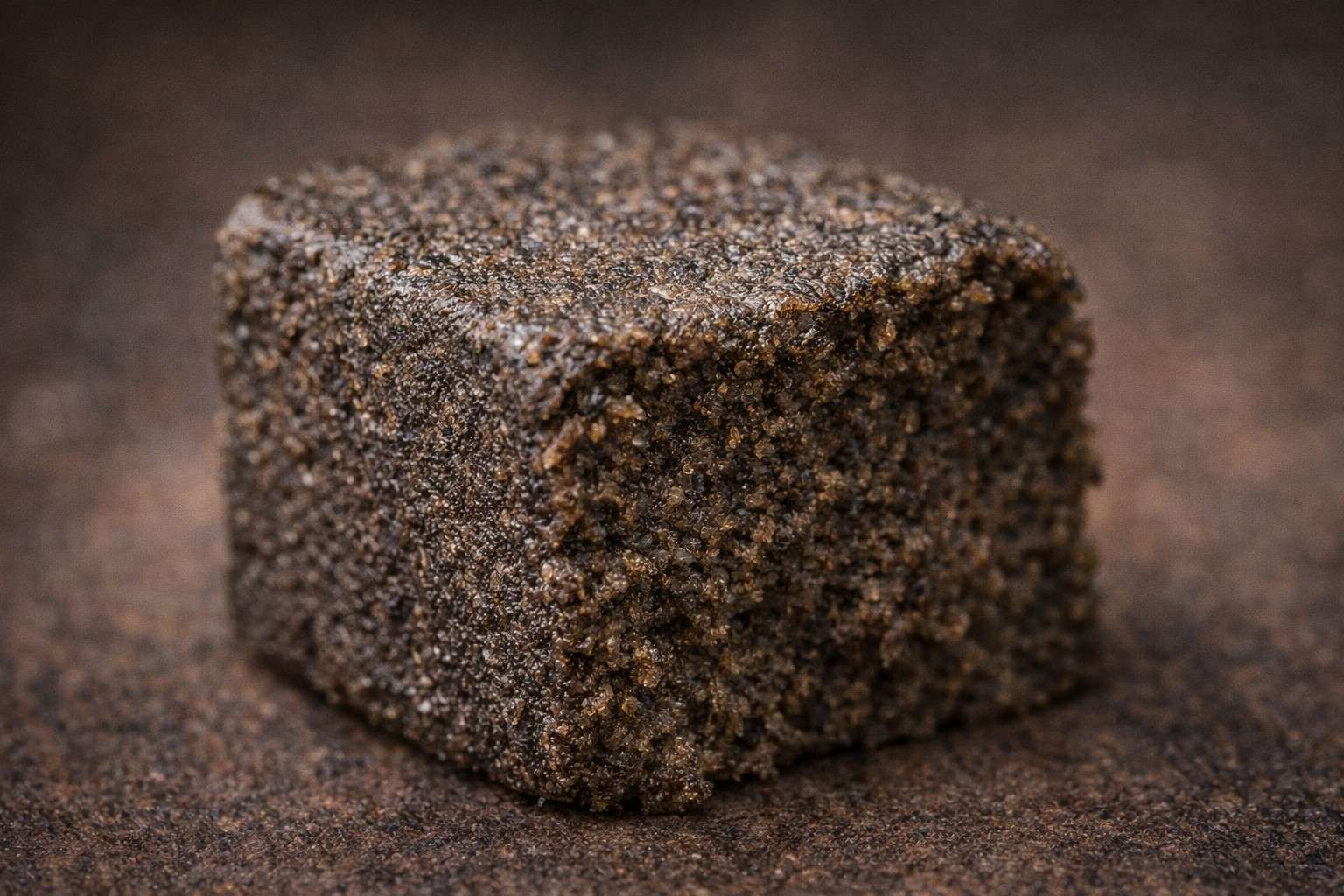 Hash CBD prensado con textura compacta y aspecto oscuro, concentrado de cannabidiol legal