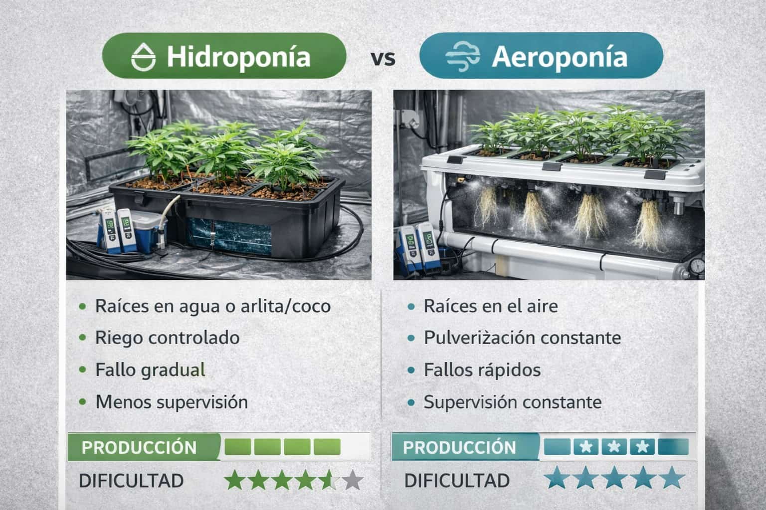 Comparativa entre hidroponía y aeroponía para cultivar marihuana indoor