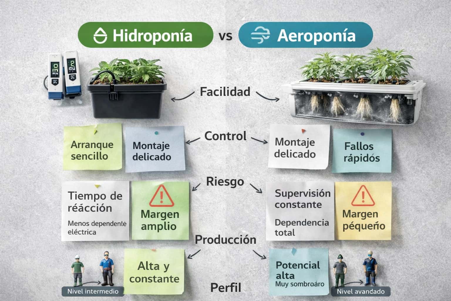 Producción y dificultad de hidroponía frente a aeroponía en cultivo indoor