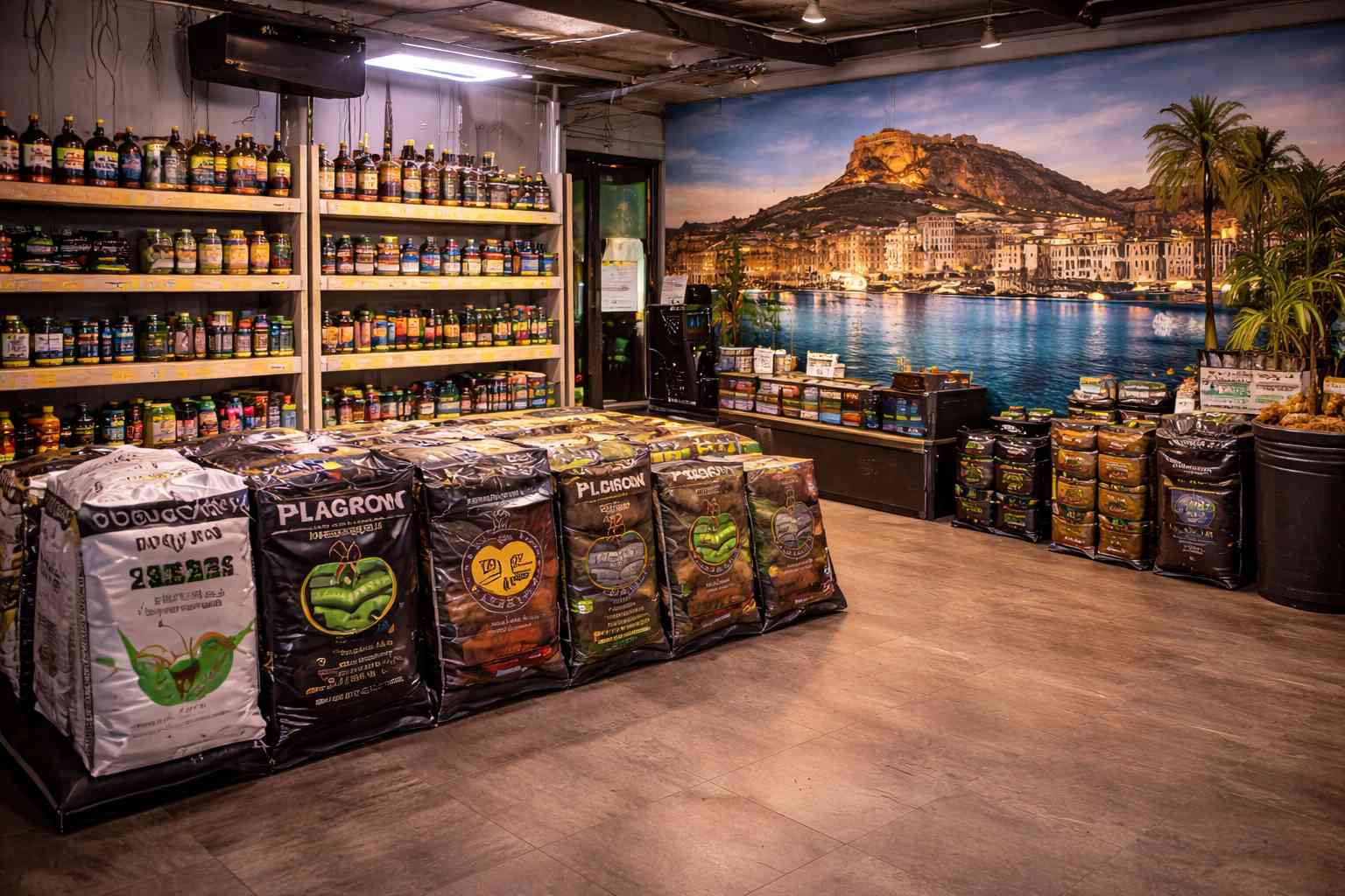 Vista interior de una tienda con sacos de sustrato, fertilizantes y productos de cultivo ordenados en estanterías