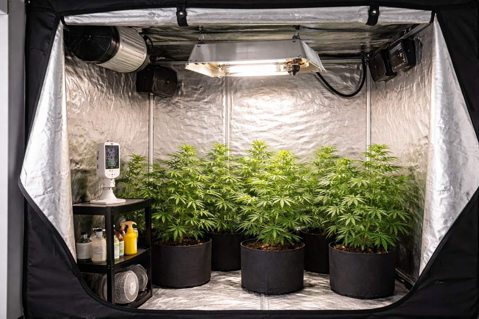 Kit de iluminación HPS instalado en armario de cultivo indoor con plantas en desarrollo