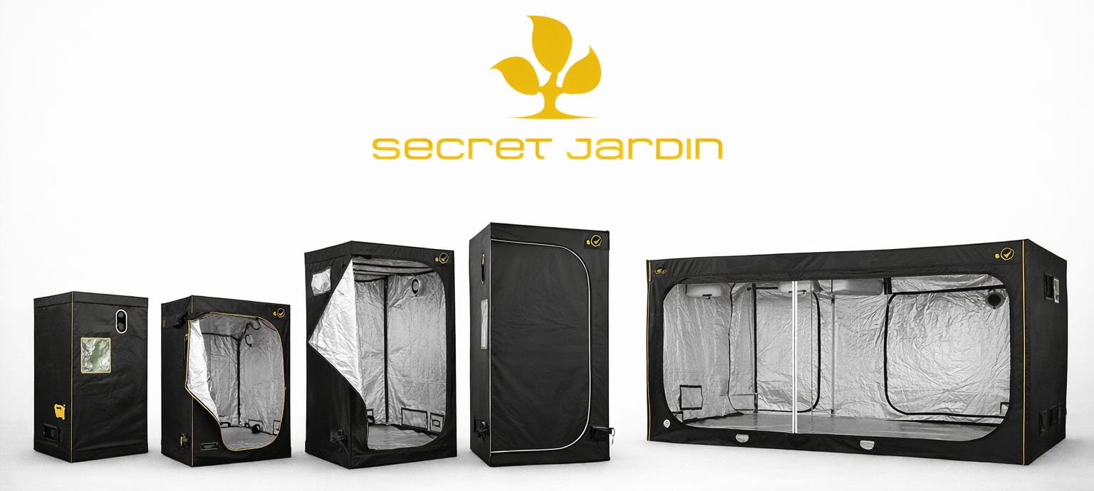 Logo de Secret Jardin junto a armarios de cultivo indoor