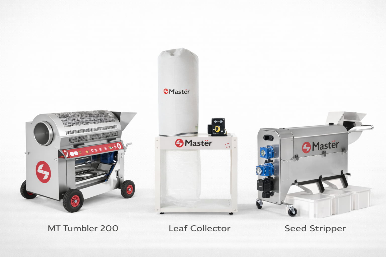 Maquinaria Master Products para poscosecha de cannabis con trimmer, colector de hojas y desgranadora