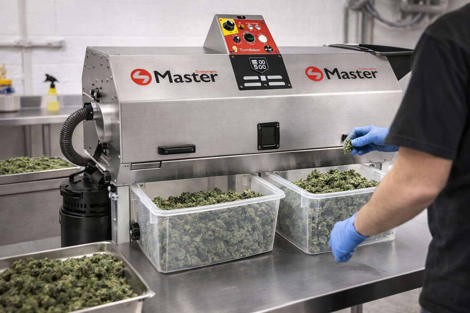 Peladora de cogollos industrial Master Trimmer Tumbler trabajando con flores en fresco