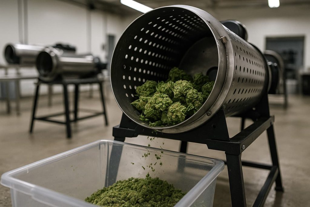 Tambor de peladora industrial de cogollos durante el proceso de trimming