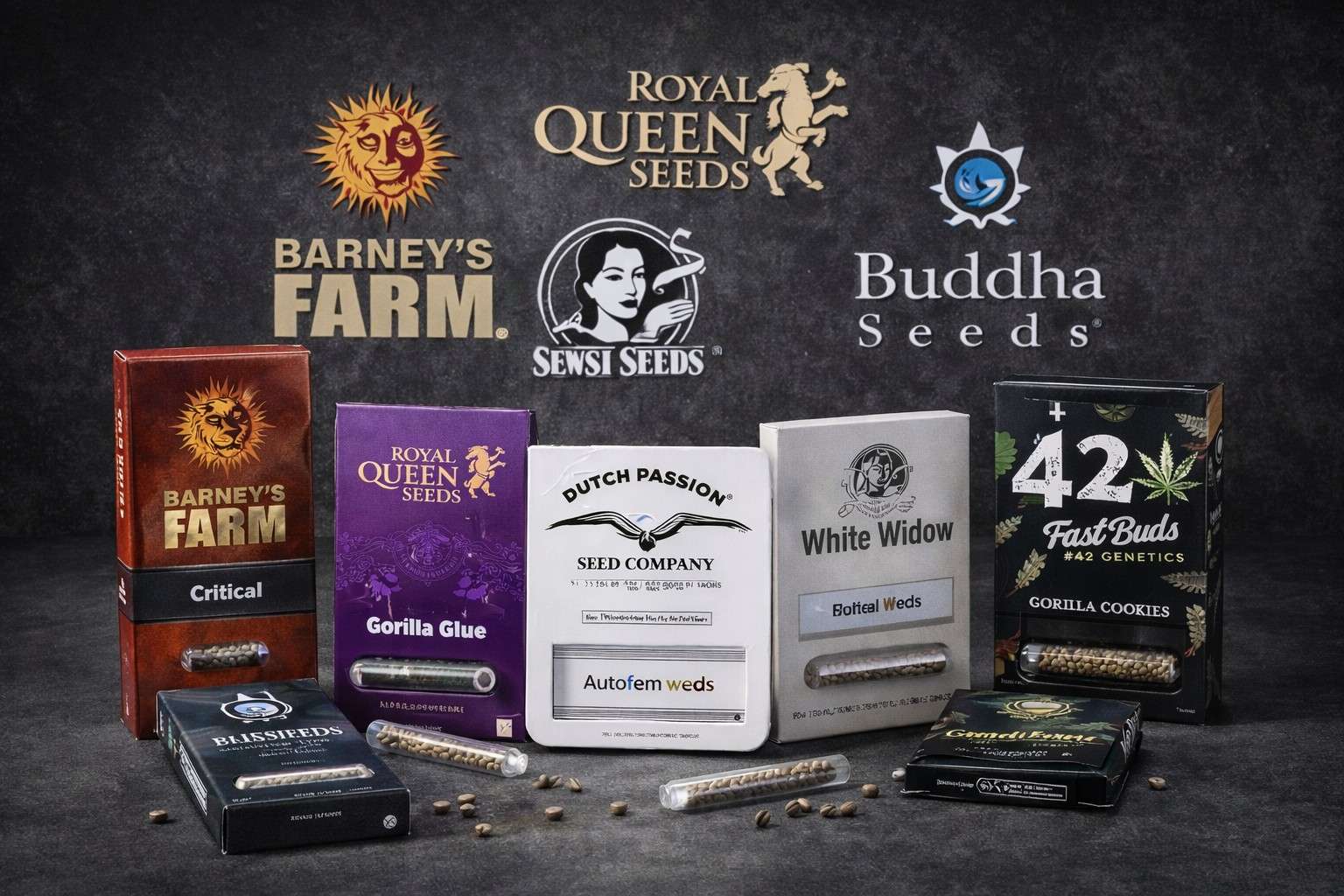 Semillas de marihuana de bancos reconocidos como Barney’s Farm, Royal Queen Seeds, Dutch Passion y Fast Buds