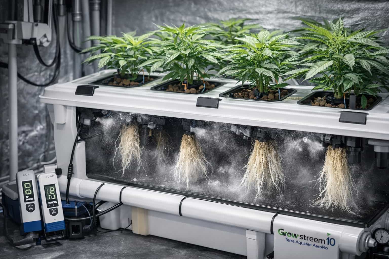 Sistema aeropónico con raíces suspendidas en cultivo indoor de marihuana