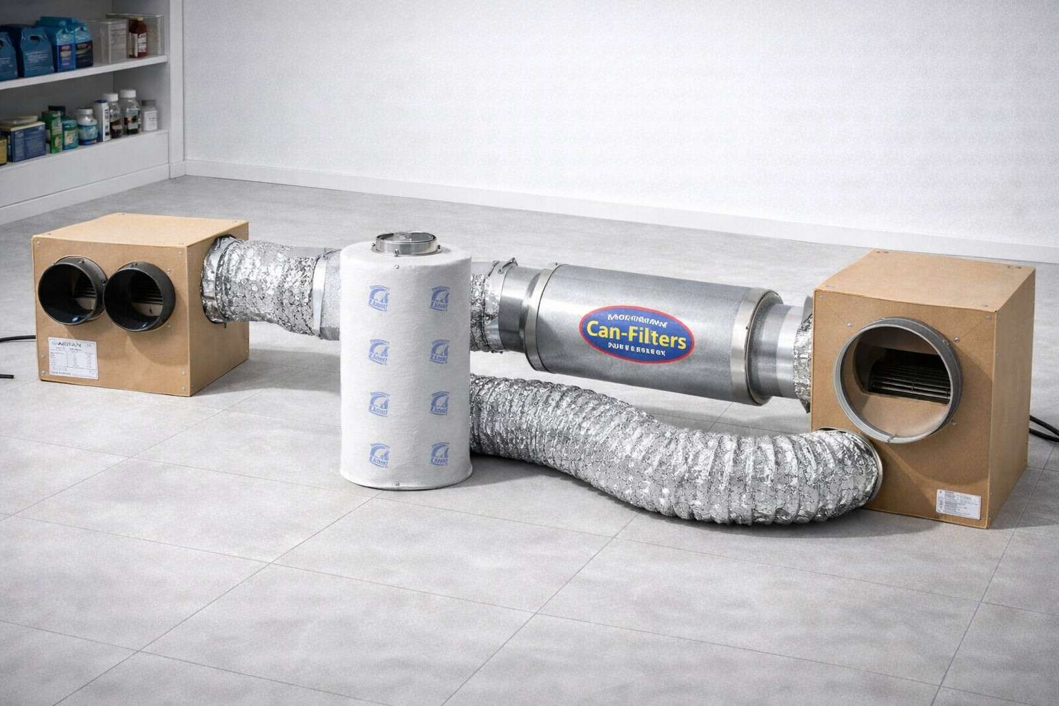 Sistema completo de extracción de aire para cultivo indoor con cajas insonorizadas, filtros de carbón y conductos