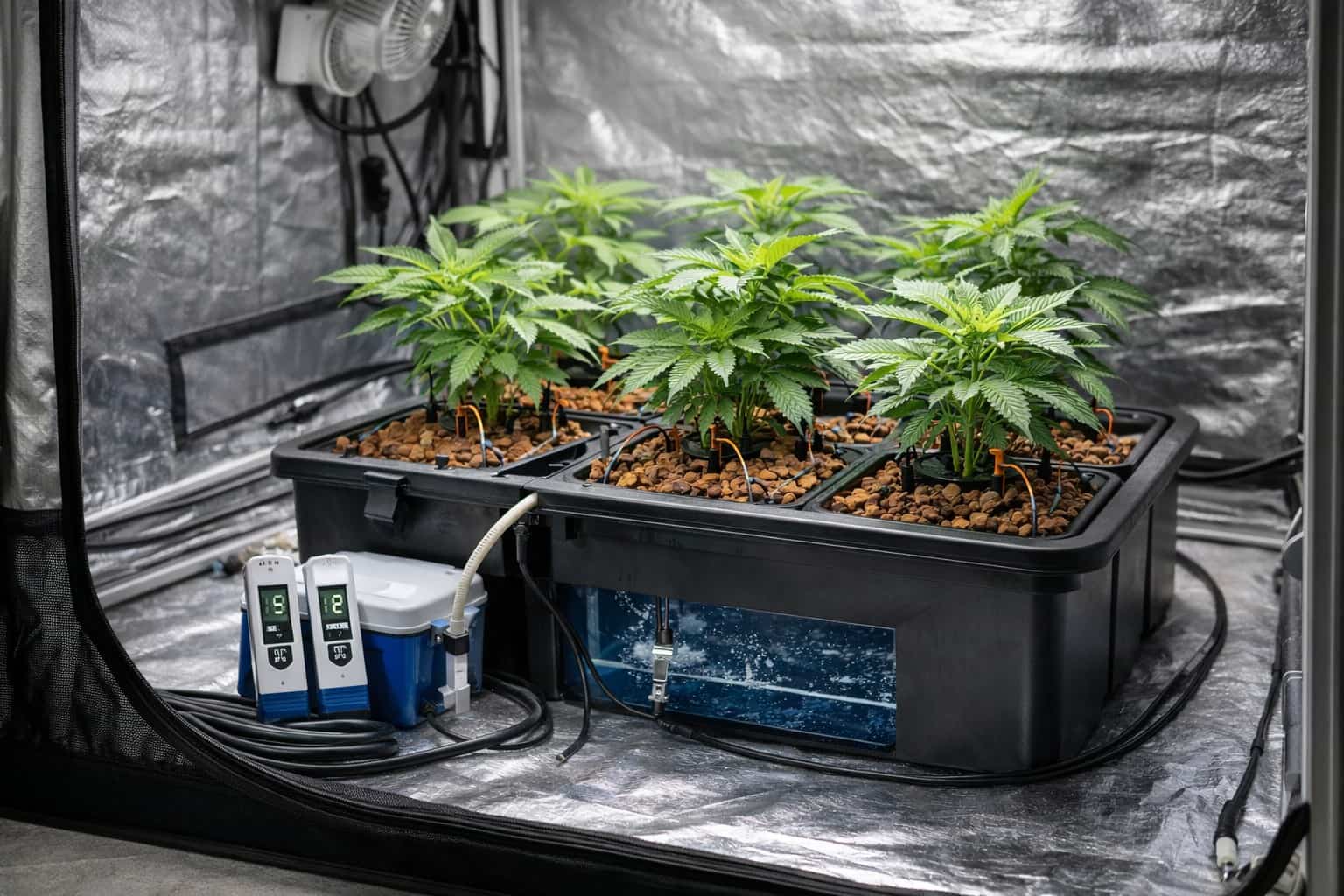 Sistema hidropónico con plantas de marihuana en cultivo indoor