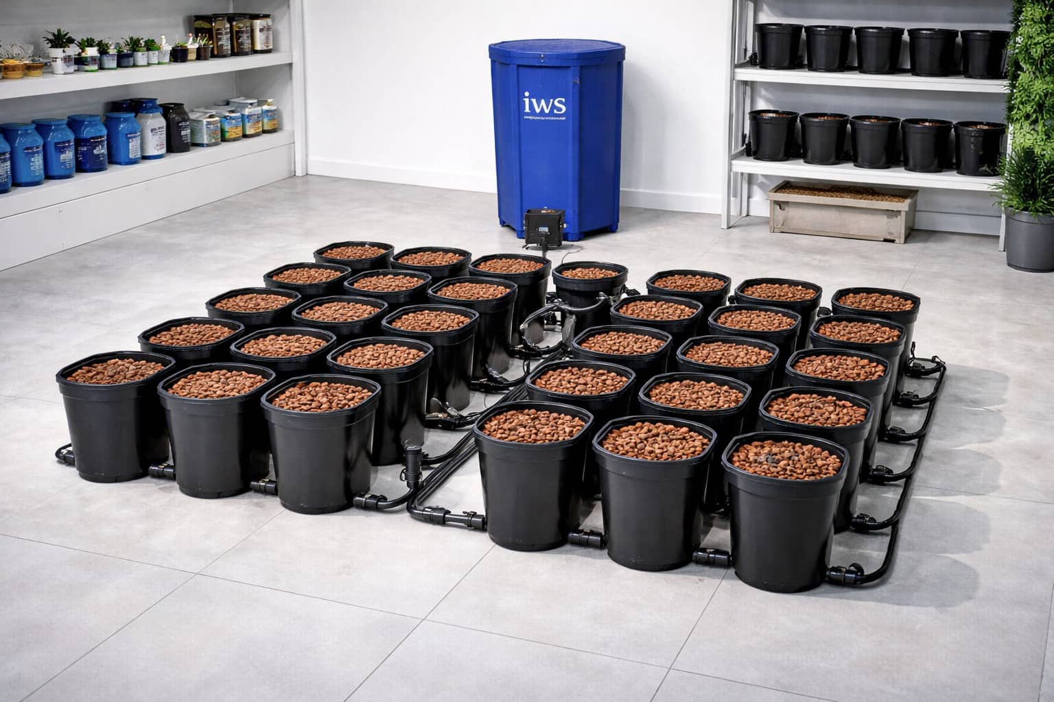 Sistema hidropónico IWS Pro Remote con macetas conectadas a depósito central