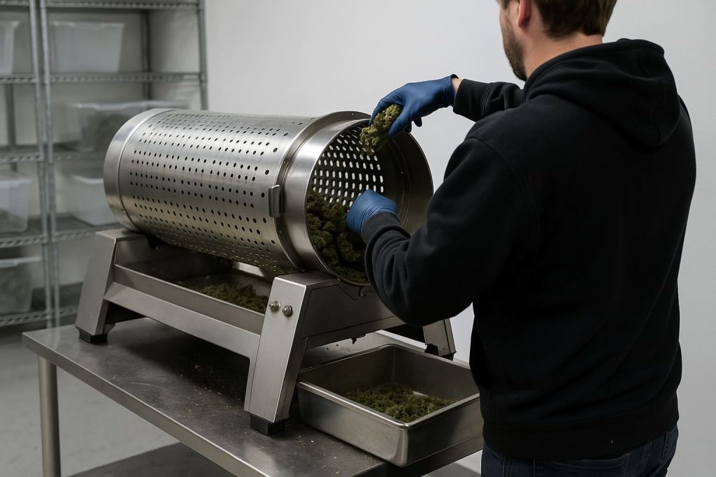 Operario utilizando una peladora profesional de cogollos en interior