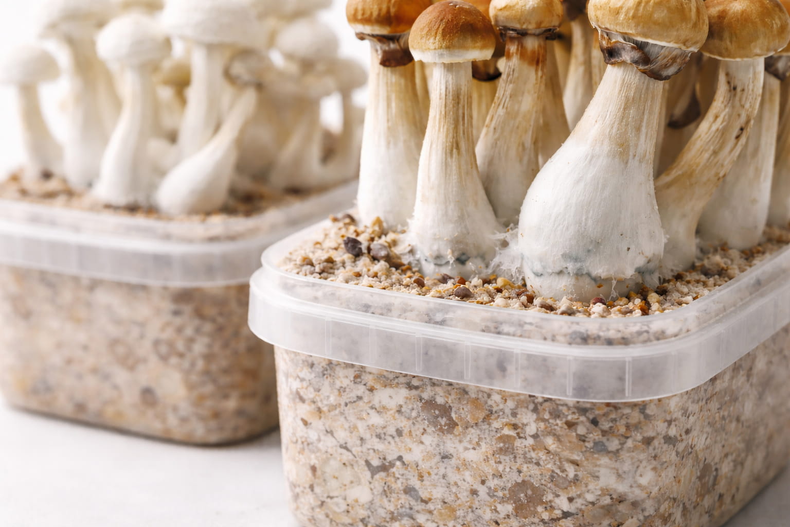 Detalle de un pan de setas de psilocibina mostrando el micelio y la estructura del panel