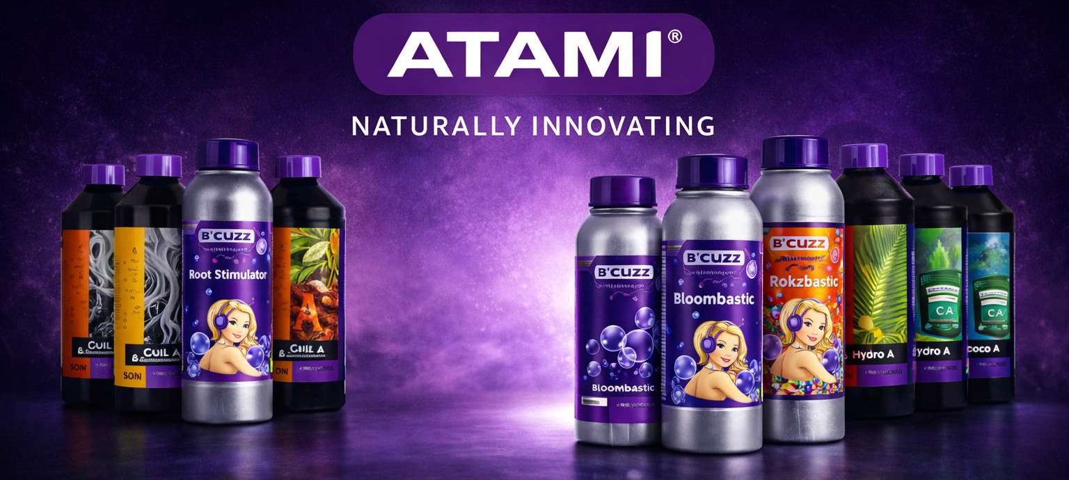 Gama completa de fertilizantes y estimuladores Atami B’Cuzz con Bloombastic, Rokzbastic y Root Stimulator sobre fondo morado corporativo