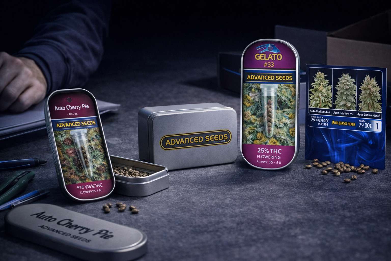 Escena sobre mesa con Auto Cherry Pie y Gelato #33 de Advanced Seeds, estuche metálico abierto y semillas esparcidas