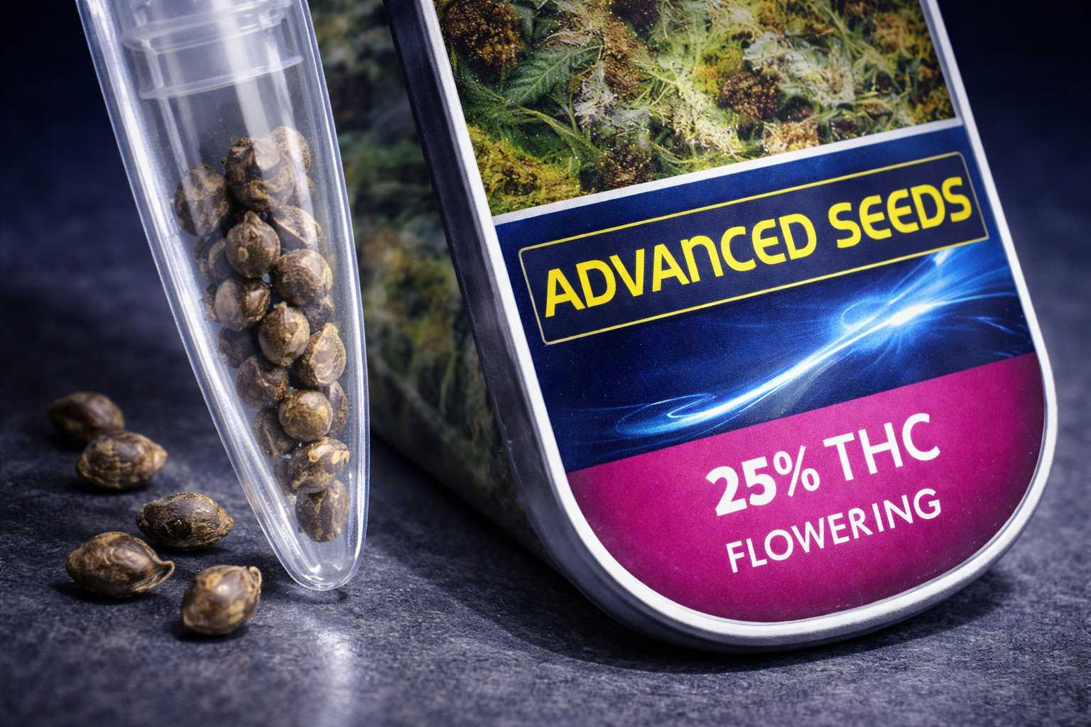Detalle de tubo con semillas junto a envase Advanced Seeds donde se lee 25% THC, sobre superficie oscura con semillas sueltas